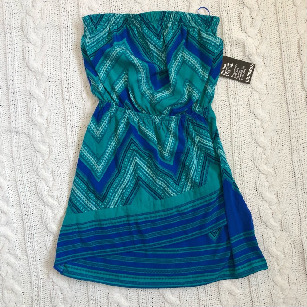 Express XS blue & green strapless dress NWT - Picture 4 of 8